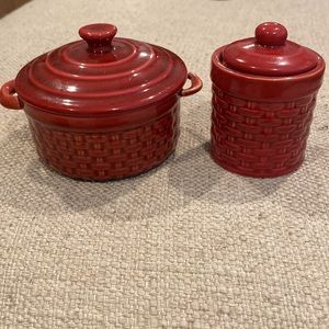 NWOT Pier 1 Burgundy Basket Weave Stoneware Ramekin & Mini Cup 2pc